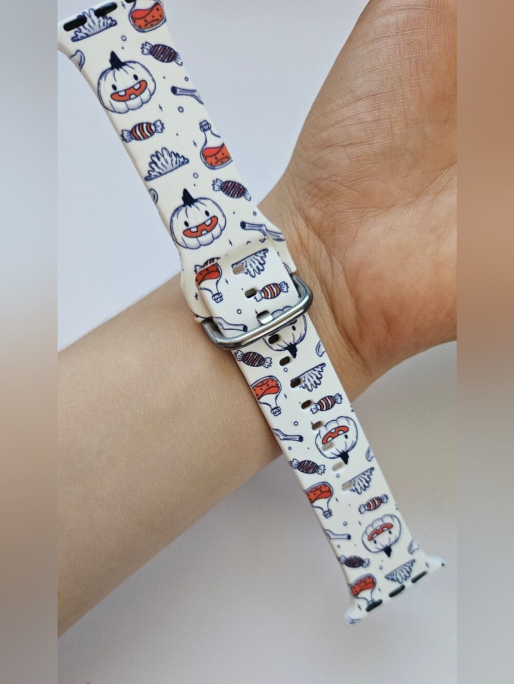 Halloween Apple Watch Band with pumpkins, candy, and bats. Replacement Watchband